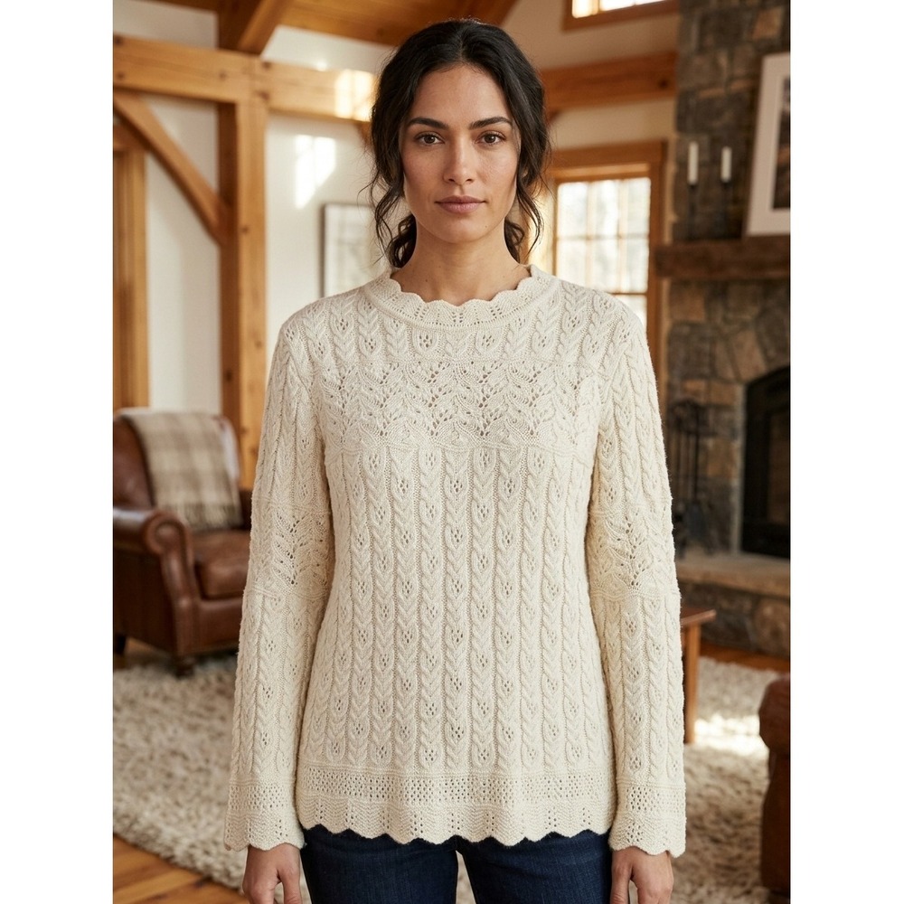 NorthStyle Sweater Womens Sz XL Cable Knit Ivory Acrylic Wool Scalloped Keyhole